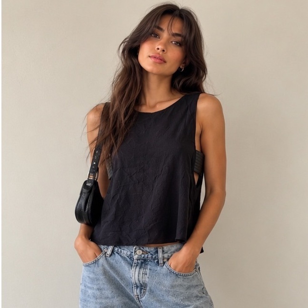 VEDA Navy Rayon‎ Sheep Leather Trim Open Back Sleeveless Tank Top XS